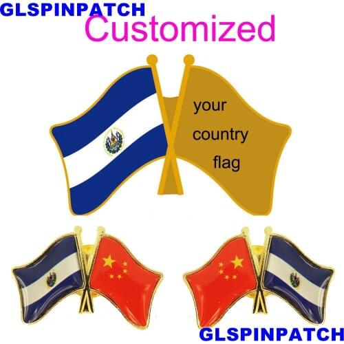 El Salvador Crossed Friendship Flag Double Country lapel pin Brooch USA UK France Chile Russia Saudi Arabia Japan Spain Badge