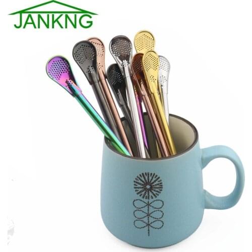 JANKNG 1-Pcs Eco-Friendly Colorful Stainless Steel Drinking Straws Tea Strainer Cocktail Shaker Coffee Filtered Spoons Bar Party