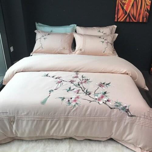 Chinese Style 100% Cotton Sanding Printed Flower Bedding Set Embroidered Bed Sheet Duvet Cover Pillowcase Queen King 4pcs Pink