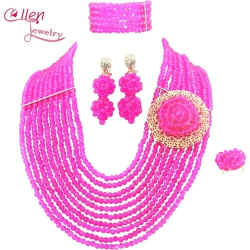 Fashion Pink Nigerian wedding Crystal Beads necklace set Bracelet Earrings African bridal Beads Jewelry Sets WS4135