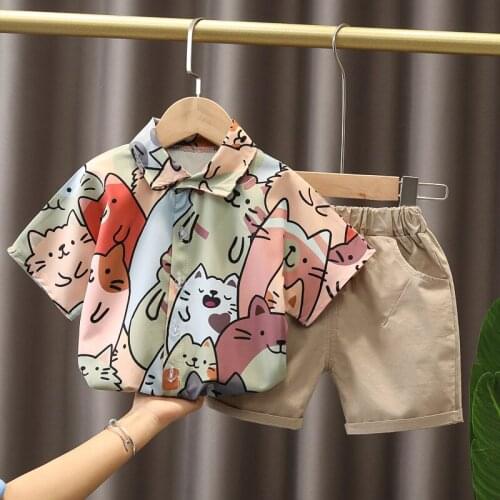 Boys Summer Clothing Suit 2021 New Baby Korean Style Two-piece Sets Kids Handsome Clothes Baby Boys Print Shirt+shorts Suits