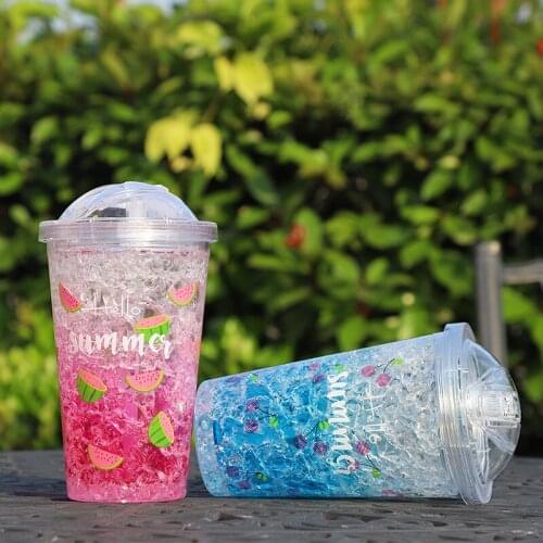 Creative Fruit Summer Straw Cup Student Double Drinks Portable Water Mugs Make Cold Ice Cup Plastic Cups With Lids Coffee Cup