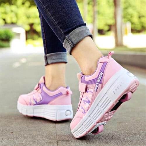 Single Wheel and Double Wheel Rollers Skate Shoes Kids PU Leather Sneakers Roller Skates Shoes for Boy Girl Children Tennis