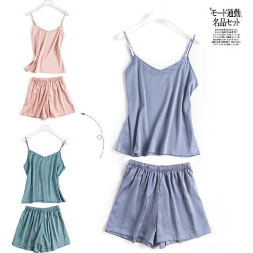 Summer Korean Version Suspenders Shorts Two-Piece Set Solid Color Loose Pajamas Ice Silk Sexy Vest Set Thin Silk Sleepwear