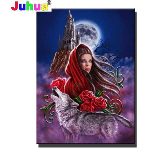 Moon Rose Wolf Woman Castle Diy diamond painting cross stitch Full Square Round diamond embroidery Puzzle mosaic wall picture