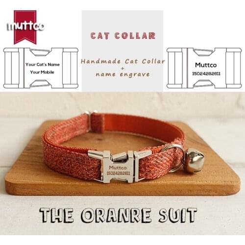 MUTTCO retailing handmade engraved metal buckle cat collar THE ORANGE SUIT gentleman pet products personalized ID UCC069