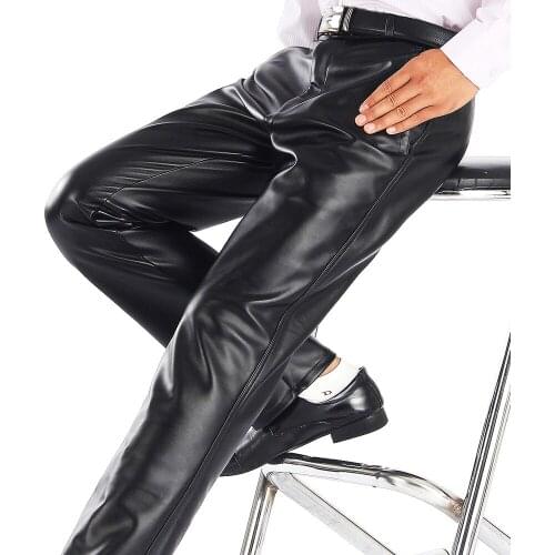 Mens PU Leather Pants For Spring Summer 2021 New Fashion High Quality Black Strech Male Faux Leather Trousers Men Plus Size