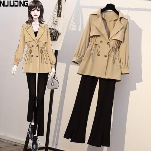 NIJIUDING womens set 2020 autumn new moda mujer rompevientos high waist Two-piece suit female Windbreaker coat Single Breasted