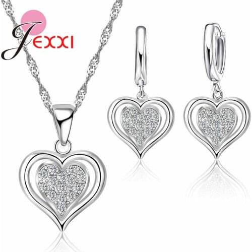 925 Sterling Silver Cute Romantic Size Heart Shape Necklace Earrings Shining Shopping Clothes Jewelry Set Cubic Zirconia