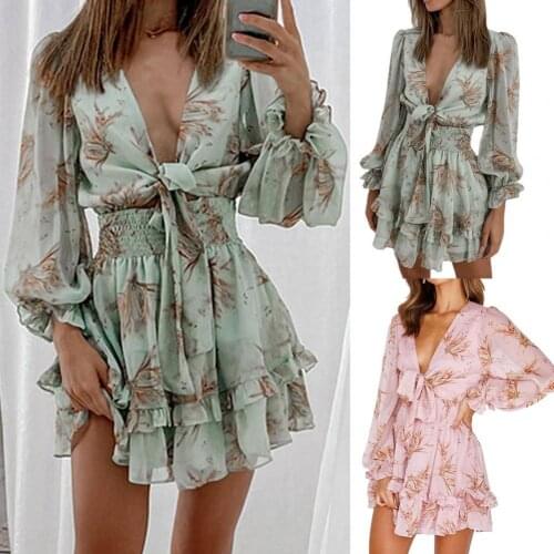 2021 Women Spring V Neck Chiffon Print Dress Self-tie Knot Front Ruffles Leopard Dress Female Sexy Short A Line Party Vestidos