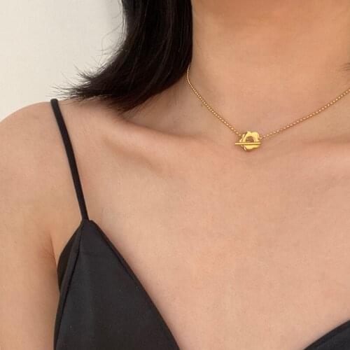 Simple Fashion Hollow Flower Pendant Necklace Gold Silver Color Stainless Steel Tiny Beads Ball Toggle Clasp Necklace Women