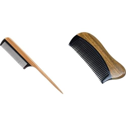 Natural Green Sandalwood Hair Comb(Green Sandalwood) & Fine Tooth Wooden Tail Comb - No Static Purple Heart Wood Comb