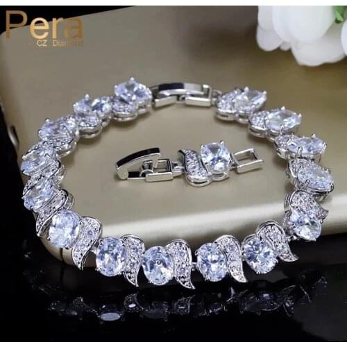 Pera Luxury Silver Color Bridal Wedding Party Jewelry Super White Cubic Zirconia Oval Shape Chain Link Bracelets for Brides B081