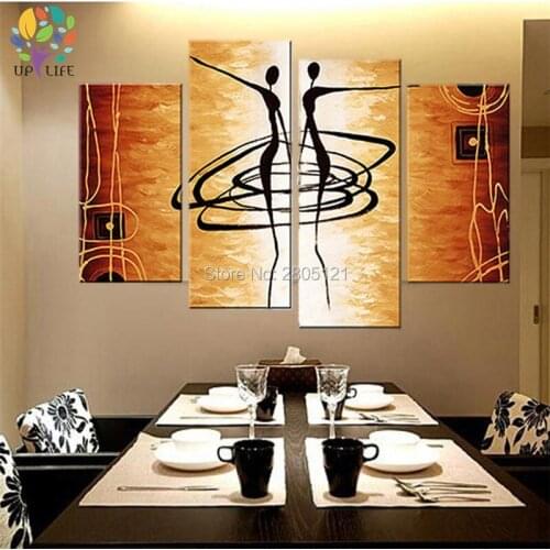 Hand painted modular painting 4 piece abstract figure canvas oil painting glod yellow wall picture art sets high quality