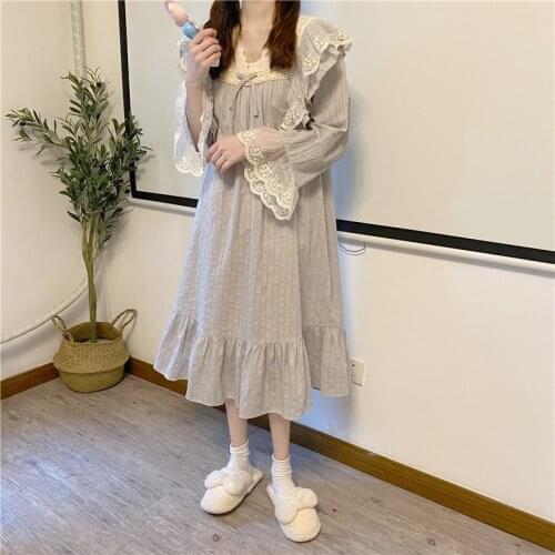 Vintage lace patchwork cotton nightgown korea ruffles loose sleepwear home clothes long sleeve nightdress midi dress Y322
