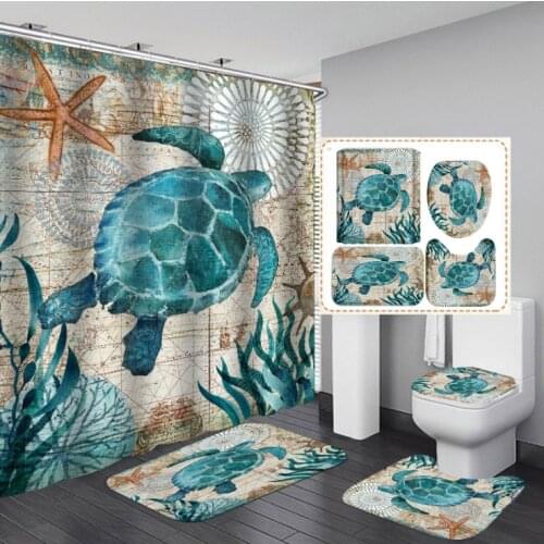New Pattern Ocean series - Lovely Life Waterproof Shower Curtain Bath Mat Pedestal Rug Lid Toilet Cover Bathroom 4pcs