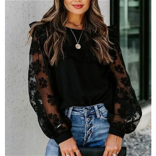 2020 New Woman Vintage Blouse Shirts Transparent Lace Bubble Sleeve Elegant Blouses Tops Autumn Long Sleeve Female Shirts