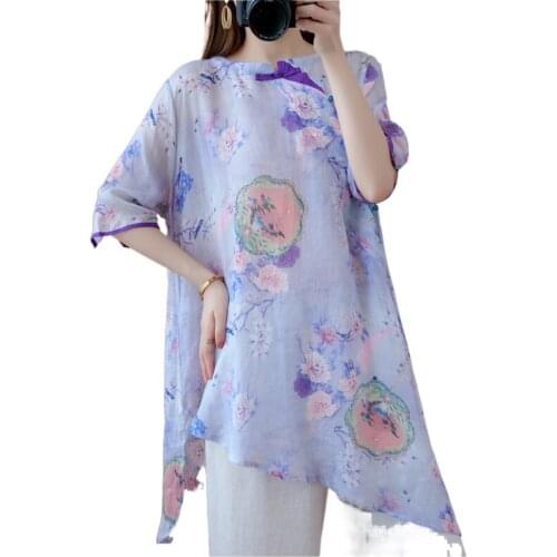 Chinese Style Clothing Women Shirts Stand Collar Casual Blouses 2021 Summer New Loose Vintage Tops Brief Irregular Shirt V2100