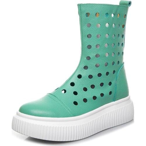 2021 summer cowhide high tube hole female cool boots hollow breathable platform shoes women real leather boots women colored