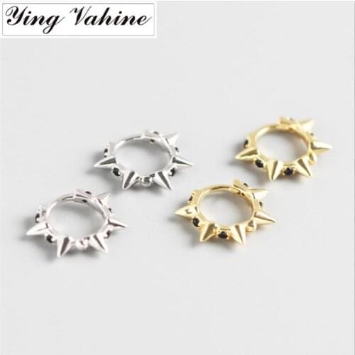 Ying Vahine 100% 925 Sterling Silver Punk Style Rivet with Black Zircon Stud Earrings for Women