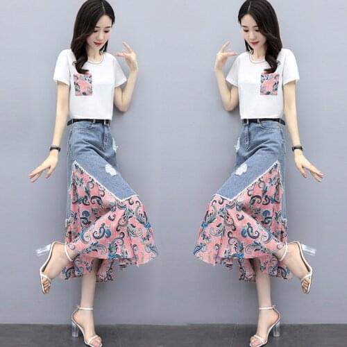 2020 New Summer Fashion Womens Chic Sets Short Sleeve Cotton Tshirt +Irregular Denim Skirts 2 Piece Suit Lady Jeans Skirt Sets