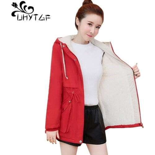 UHYTGF autumn winter trench coat Womens Hooded Plus velvet warm coats female casual 3XL plus size Windbreaker women clothes 609