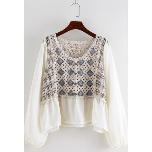 2021 spring summer cardigan French retro loose chiffon stitching crochet hollow knit sweater long-sleeve shirt women