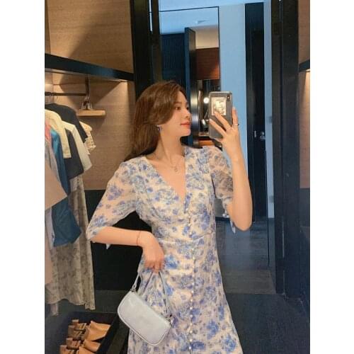 Elfbop Ladies V Neck Short Sleeve Floral Printed Button Closured Short Dress