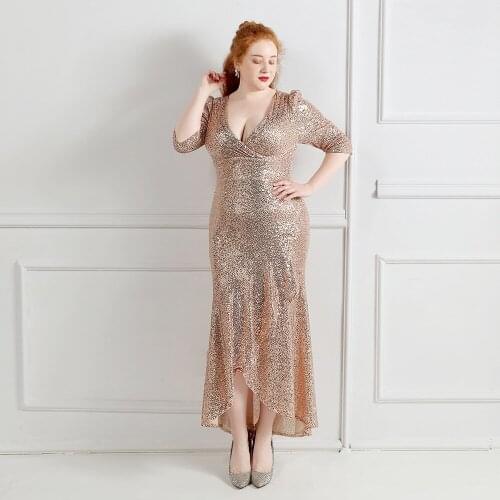 New Women Plus Size V-Neck Party Maxi Dress Half Sleeve Prom Dress Gold Sequin Ruffles Evening Dress Vestidos De Fiesta Dress