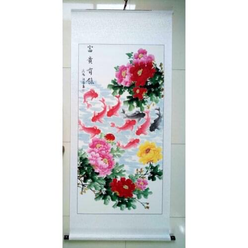 100% handpainted Asia office HOME Company Hall WALL TOP Decorative 9 fishes Rich Peony Flowers FENG SHUI painting 180CM LARGE