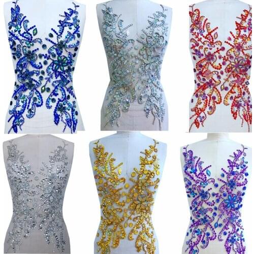 Zbroh handmade rhinestones applique handsewing bead sequins stones trim patches on mesh for dress accessory