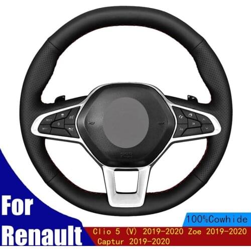 Car Steering Wheel Cover Black Genuine Leather For Renault Clio 5 (V) 2019-2020 Zoe 2019-2020 Captur 2019-2020