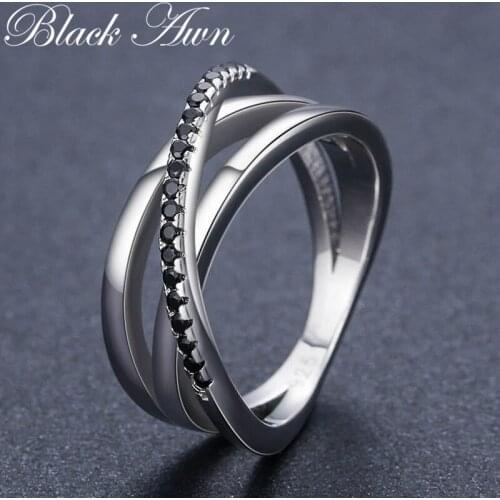 Black Awn Classic 925 Sterling Silver Fine Jewelry Baguet Row Engagement Black Spinel Wedding Rings for Women Bijoux Femme GG006
