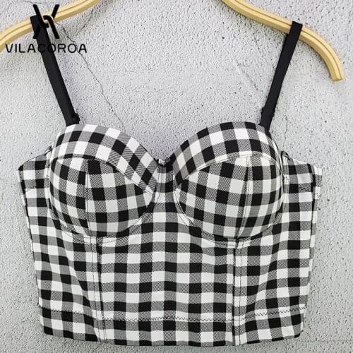 Black and White Plaid Print Women Corset Bra Slim Crop Tops Street Sling Tube Top Tank Tops Sexy Backless Camisoles Lady Clothes