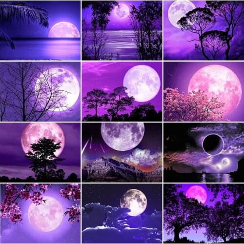 DOHAWIZS Diamond Painting Purple Scenery Moon Full Square Diamond Mosaic Landscape Picture Cross Stitch Kit Sale Home Decoration