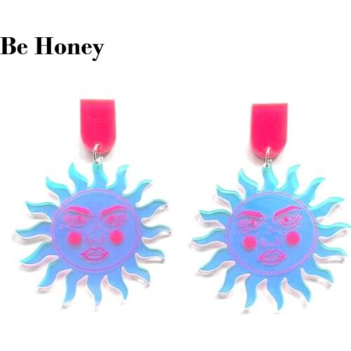 Laser Cut Iridescent Acrylic Funky Celestial Tarot Sun Face Earrings Woman 2021 Fashion Jewelry