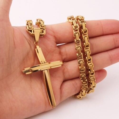 Fashion Gold tone Cross Christ Jesus Pendant Necklace Stainless Steel Link Byzantine Chain Heavy Men Jewelry Gift 6mm 18-36"