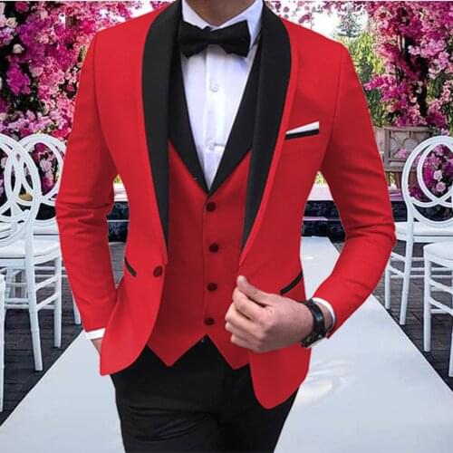 Red Mens Suits With Black Shawl Lapel 3 Pcs Party Costume Slim Fit Suits Tuxedos Prom Suit for Wedding Prom (acket+Pants+Vest)