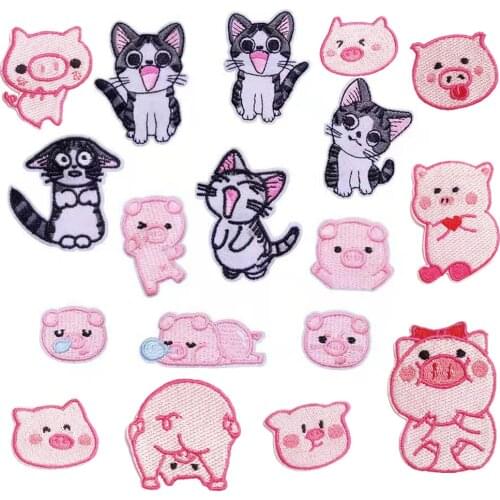 Iron on Patches Embroidery for Clothes Stickers Badges Cartoon Cats Pink Pig Washable DIY T-shirt Jeans Bags Accessories