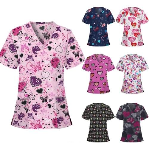 New 2021 Women Print Nursing Scrubs Tops T Shirt Casual Short Sleeve Women Scrubs Uniforms Nurse V-neck Pocket Women Clothes