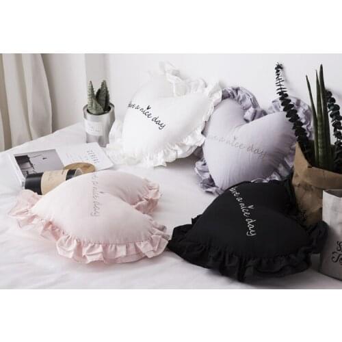 Throw Pillow for Bedroom with Ruffles Soft Decorative Pillow New 100% Cotton Heart Shape Cushion Embroidered Decorative