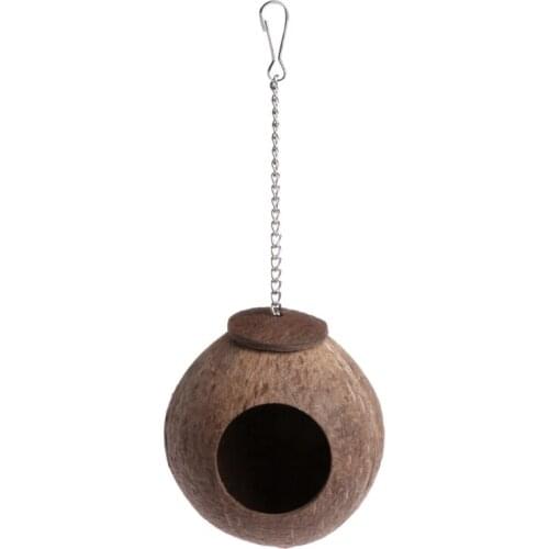 Natural Coconut Shell Bird Nest House Hut Cage Feeder Toy with Hanging Lanyard for Pet Parrot Budgie