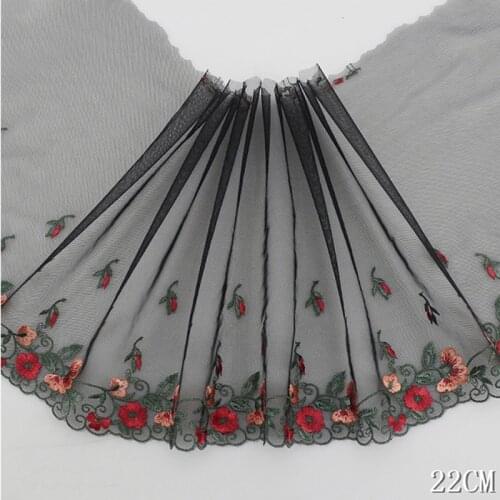 2Yds Luxury Black Flowers Edge Tulle Fabric Embroidery Lace Ribbon Edge Trim For Wedding Dresses Head Veil DIY Sewing Supplies