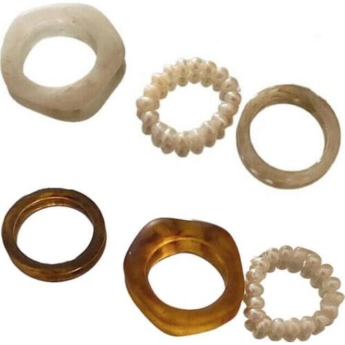 Retro Fashion Beige Tortoiseshell Resin Natural Pearl Finger Rings for Women Girls Party Jewelr