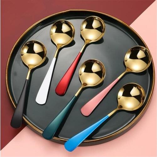 High Quality Durable Stainless Steel Spoon Coffee Spoon Round Head Gold Spoons Long Handle Colorful Home Kitchen Decoration