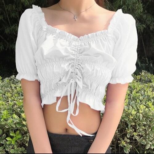 Women 2020 Fashion Pleated Ruffled Cropped Blouses Vintage Puff Sleeve Drawstring Tied Female Solid Shirts Blusas Chic Tops New
