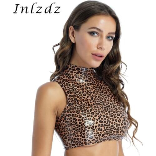 Women Fashion Pole Dance Rave Top Leopard Print Faux Leather Sleeveless Crop Top Mock Neck Zipper Back Cropped T-shirt Clubwear