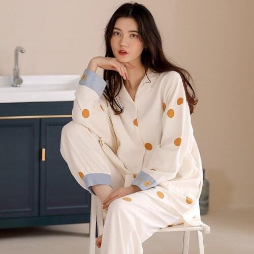 Polka Dot 2PCS Womens Pajamas Suit Spring Autumn Full Sleeve Shirt&Pant Sleepwear Lounge Cotton Homewear Loose Nightwear M-XXXL