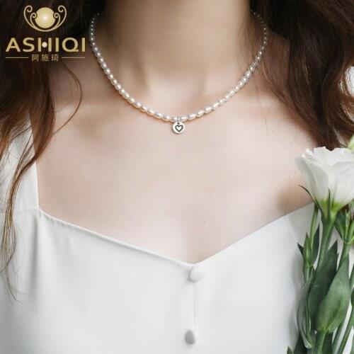 ASHIQI Natural Freshwater Pearl Necklace 925 Sterling Silver Small Love Heart Jewelry for Women 2021 New Gift