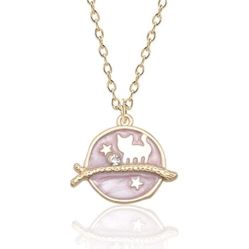 Cute Girl Korea Style Enamel Star Sky Kitty Necklace Women Gold Color Little Star Cat Pendant Necklace Female Jewelry Party Gift